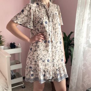 Floral Flutter Sleeves Tie Neck Dress